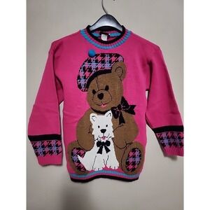 Vintage 80 90s Jet Set Teddy Bear Hot Pink Sweater Size L 14/16 Made In USA Dog